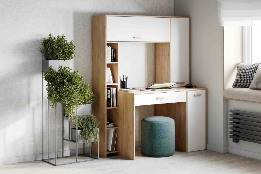 Стол компьютерный Калгари, с полками, дуб светлый / белый матовый