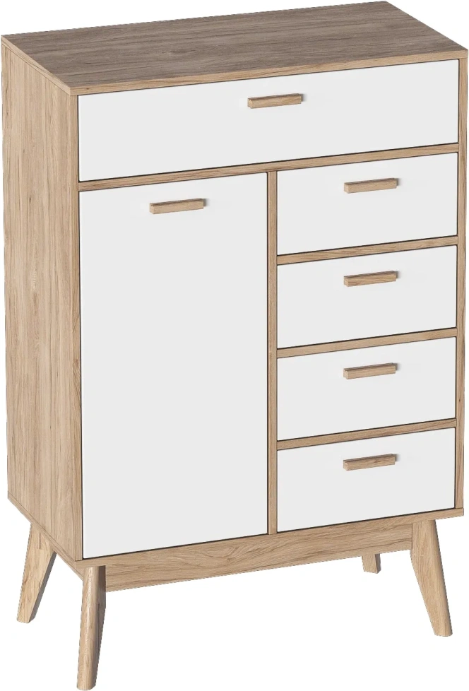 Комод высокий Калгари, на ножках, дуб светлый / белый матовый