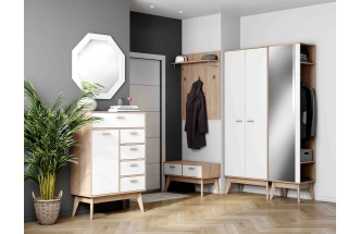 Комод высокий Калгари, на ножках, дуб светлый / белый матовый