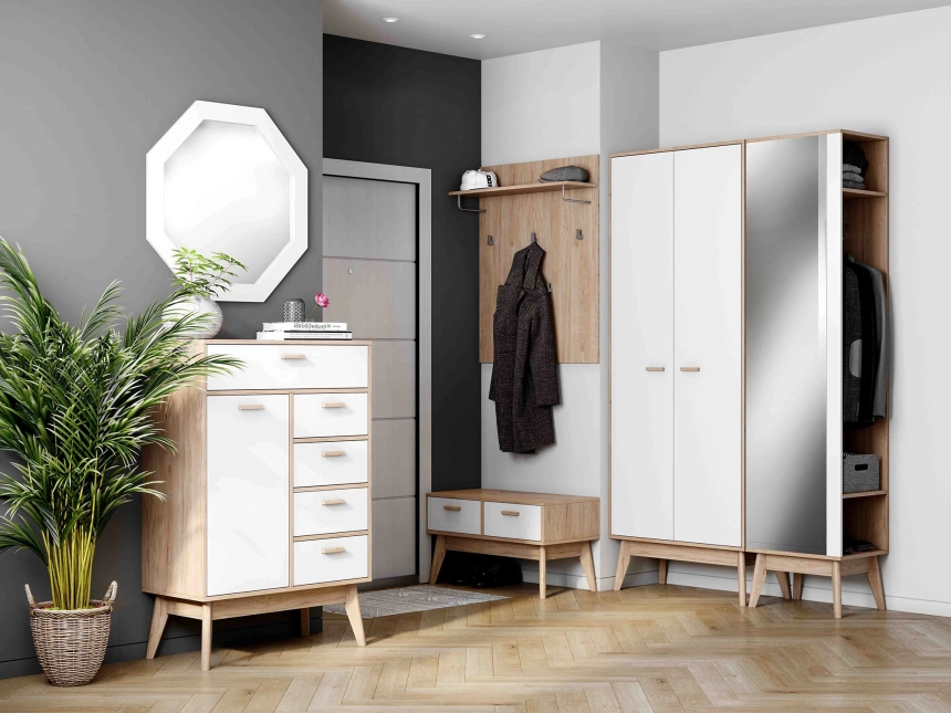 Комод высокий Калгари, на ножках, дуб светлый / белый матовый