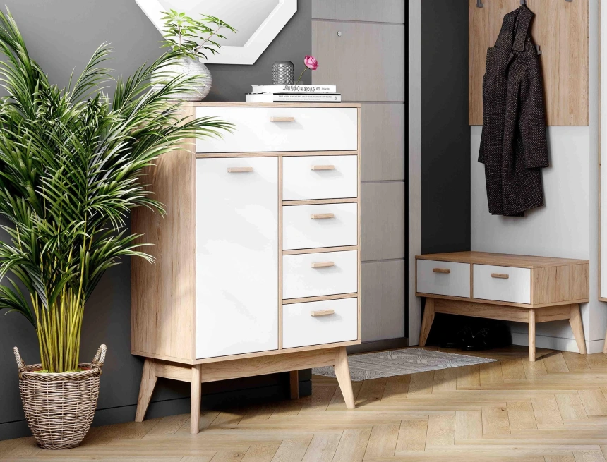 Комод высокий Калгари, на ножках, дуб светлый / белый матовый