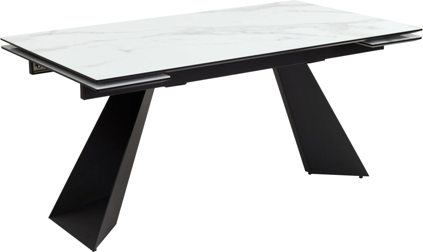 Кухонный стол раздвижной Купер 160, белый мрамор, черная шагрень, стекло, черный каркас