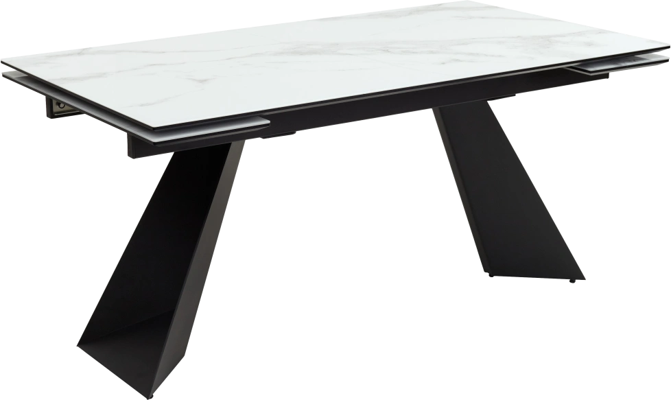 Кухонный стол раздвижной Купер 160, белый мрамор, черная шагрень, стекло, черный каркас