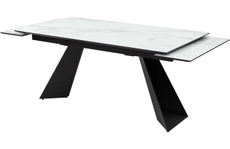 Кухонный стол раздвижной Купер 160, белый мрамор, черная шагрень, стекло, черный каркас