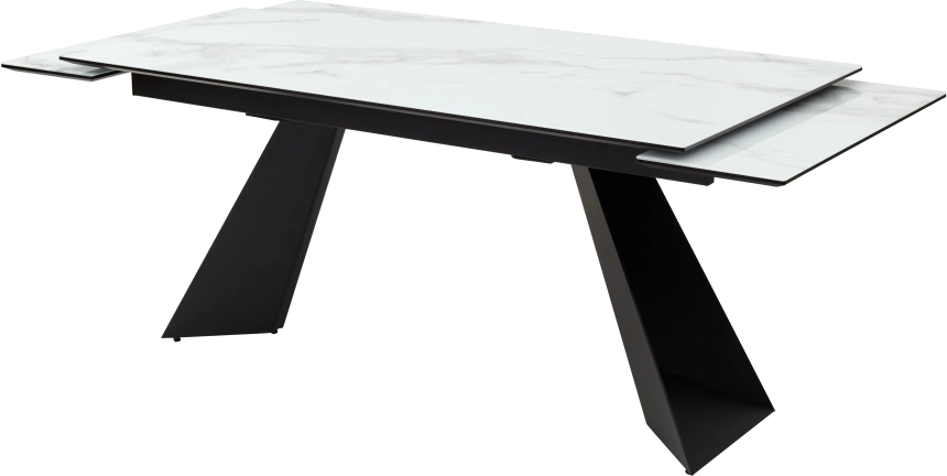 Кухонный стол раздвижной Купер 160, белый мрамор, черная шагрень, стекло, черный каркас