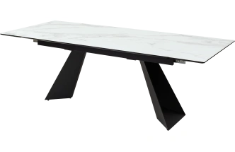 Кухонный стол раздвижной Купер 160, белый мрамор, черная шагрень, стекло, черный каркас