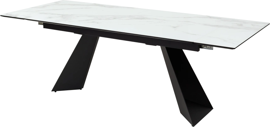 Кухонный стол раздвижной Купер 160, белый мрамор, черная шагрень, стекло, черный каркас