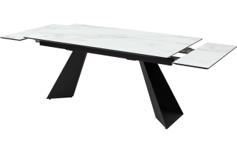 Кухонный стол раздвижной Купер 160, белый мрамор, черная шагрень, стекло, черный каркас