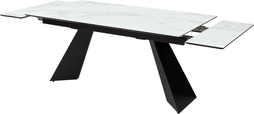 Кухонный стол раздвижной Купер 160, белый мрамор, черная шагрень, стекло, черный каркас