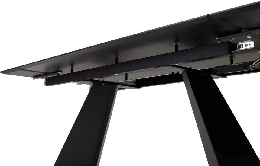 Кухонный стол раздвижной Купер 160, белый мрамор, черная шагрень, стекло, черный каркас