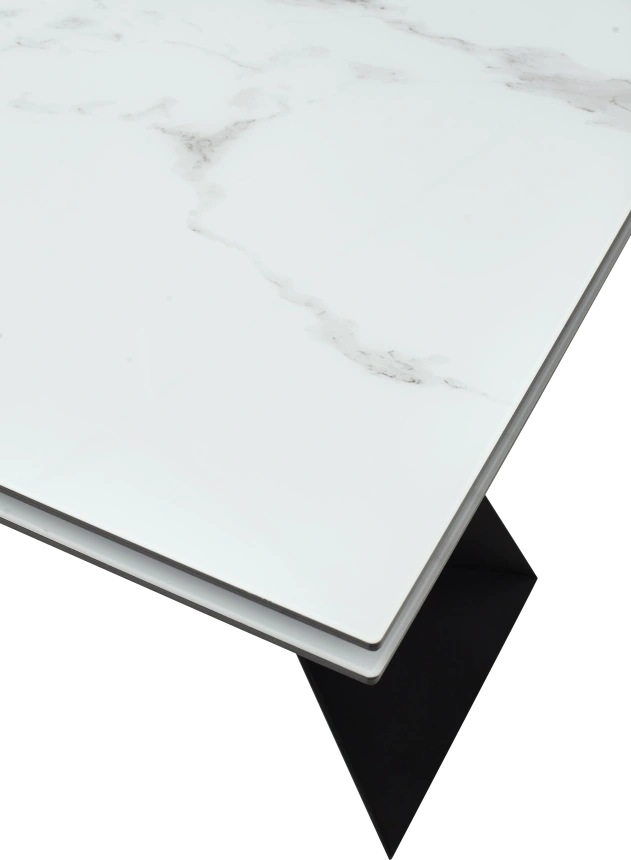 Кухонный стол раздвижной Купер 160, белый мрамор, черная шагрень, стекло, черный каркас