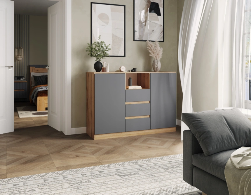 Комод Маллоу-2, с тремя ящиками и полками, дуб вотан / графит софт