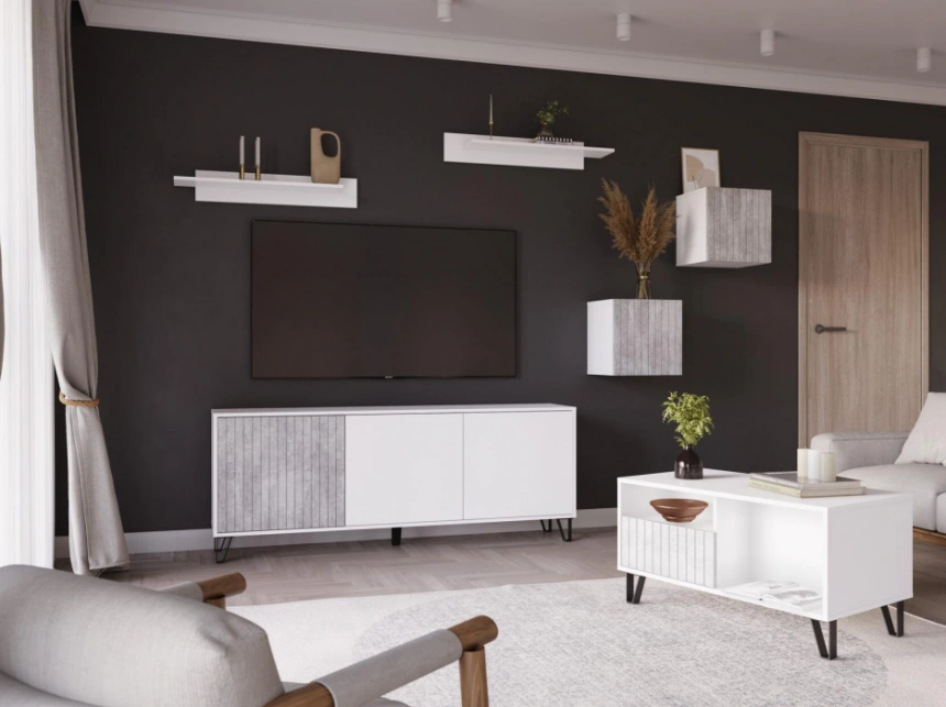 Журнальный стол Эннис, ЛДСП, белый, бетон светлый, каркас черный