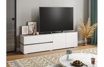 Тумба под ТВ Атлон, с двумя ящиками и полками, белый / бетон темный