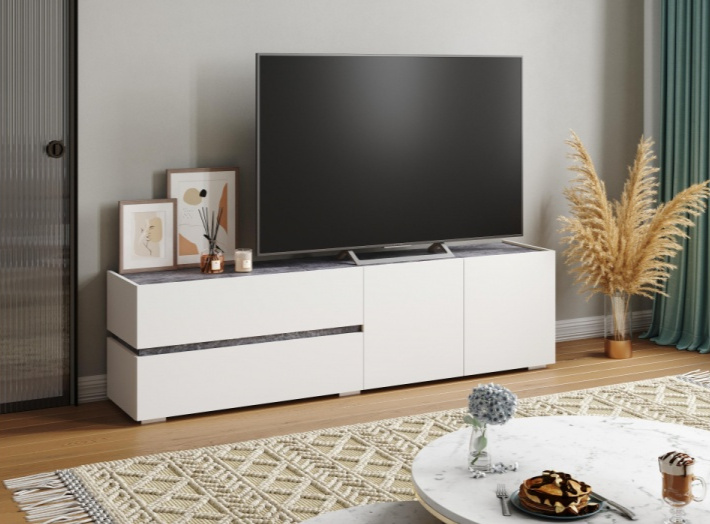 Тумба под ТВ Атлон, с двумя ящиками и полками, белый / бетон темный