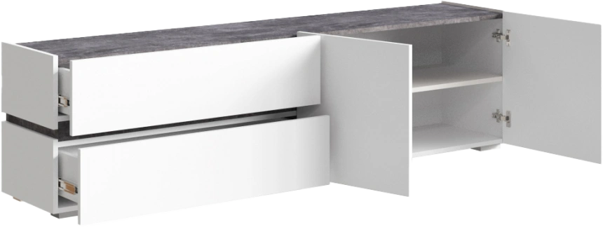 Тумба под ТВ Атлон, с двумя ящиками и полками, белый / бетон темный