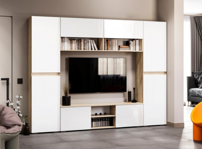 Шкаф двухдверный Алетра, распашной с полками, дуб крафт серый / глянец белый