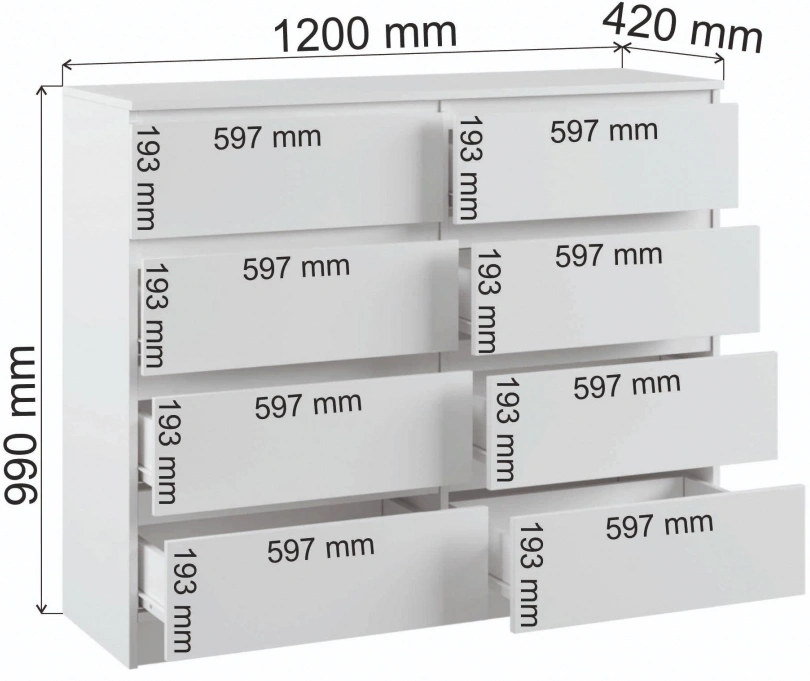 Комод Мадера, с восьмью ящиками, лдсп, белый