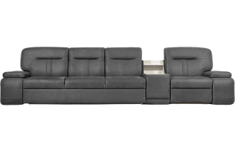 Диван модульный Арт-18, стандартный модуль в ткани Инфинити Грей, нить контрастная, декор Дуб серый, бар расположен справа