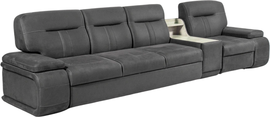 Диван модульный Арт-18, стандартный модуль в ткани Инфинити Грей, нить контрастная, декор Дуб серый, бар расположен справа