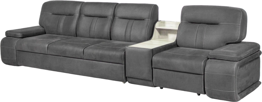 Диван модульный Арт-18, стандартный модуль в ткани Инфинити Грей, нить контрастная, декор Дуб серый, бар расположен справа