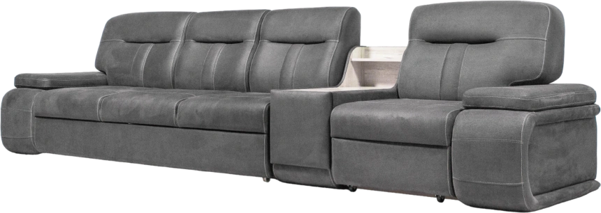 Диван модульный Арт-18, стандартный модуль в ткани Инфинити Грей, нить контрастная, декор Дуб серый, бар расположен справа