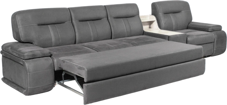 Диван модульный Арт-18, стандартный модуль в ткани Инфинити Грей, нить контрастная, декор Дуб серый, бар расположен справа