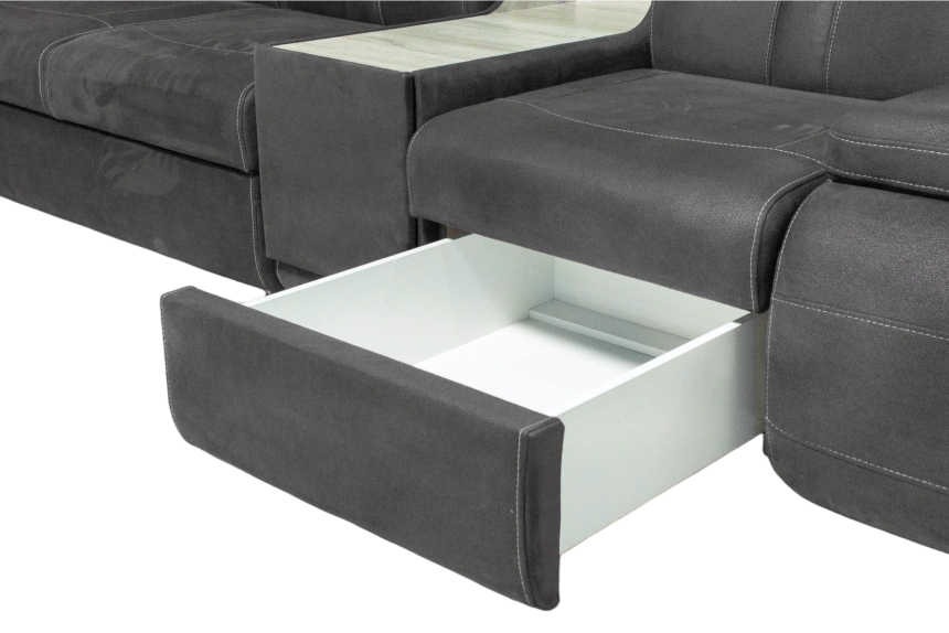 Диван модульный Арт-18, стандартный модуль в ткани Инфинити Грей, нить контрастная, декор Дуб серый, бар расположен справа