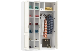 Шкаф трехдверный Ливерпуль, распашной для одежды с зеркалом, белый / ясень ваниль