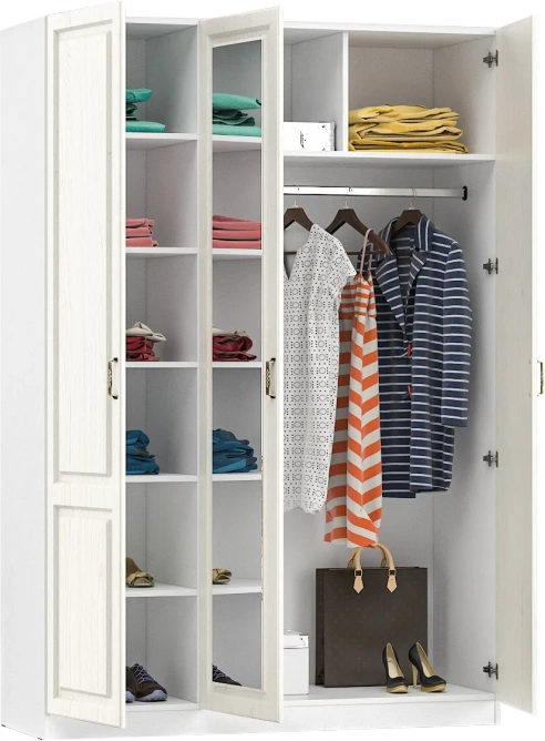 Шкаф трехдверный Ливерпуль, распашной для одежды с зеркалом, белый / ясень ваниль