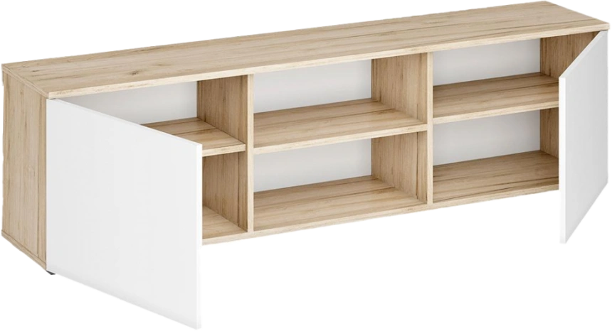Тумба под ТВ Алетра, c полками, ТБ01-1600, дуб крафт серый / глянец белый