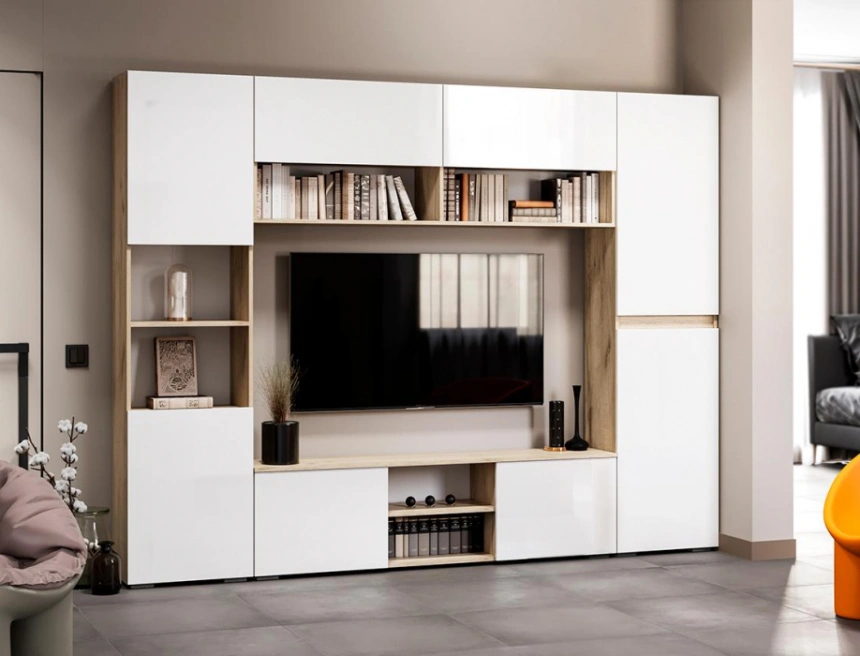 Тумба под ТВ Алетра, c полками, ТБ01-1600, дуб крафт серый / глянец белый