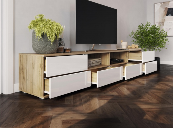 Тумба под ТВ Маллоу, дуб вотан / белый глянец