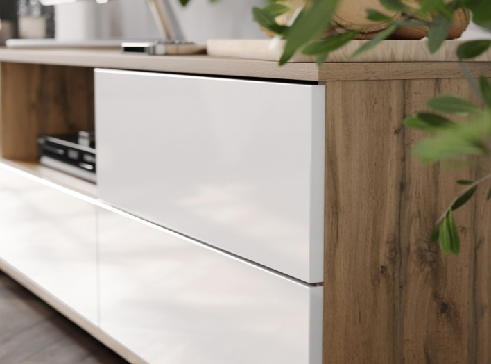 Тумба под ТВ Маллоу, дуб вотан / белый глянец