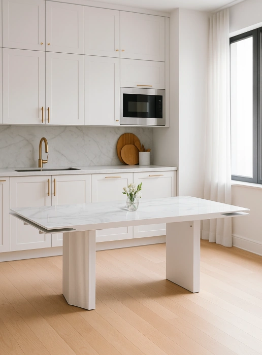 Обеденный раздвижной стол Монерон, 200(260)x100x77, стекло, белый мрамор / белый