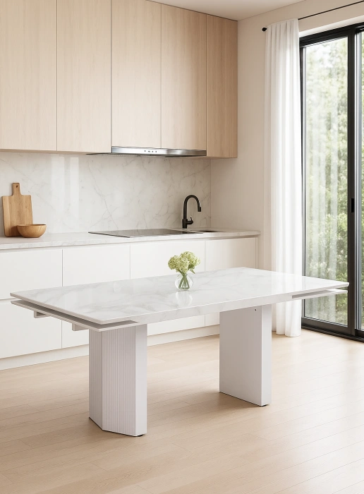 Обеденный раздвижной стол Монерон, 200(260)x100x77, стекло, белый мрамор / белый