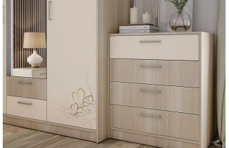 Шкаф 3-х дверный Камила, с зеркалом и ящиками, Ясень светлый / Бежевый