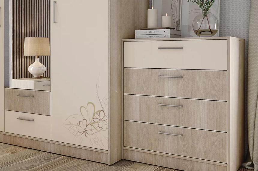 Шкаф 3-х дверный Камила, с зеркалом и ящиками, Ясень светлый / Бежевый