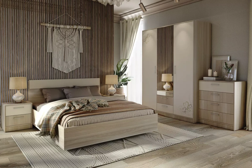 Шкаф 3-х дверный Камила, с зеркалом и ящиками, Ясень светлый / Бежевый