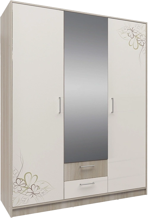 Шкаф 3-х дверный Камила, с зеркалом и ящиками, Ясень светлый / Бежевый