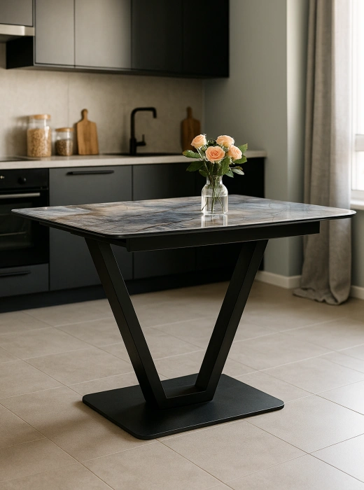 Кухонный раздвижной стол Бугун, 120(160)x80x77, стекло, магеллан / черный