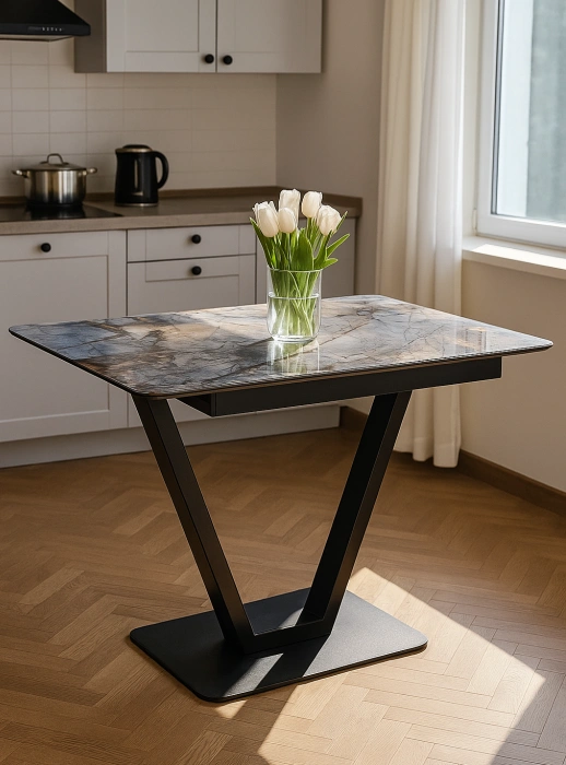Кухонный раздвижной стол Бугун, 120(160)x80x77, стекло, магеллан / черный