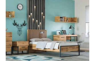 Односпальная кровать Iris, 90x200, металл, дуб вотан / черный муар