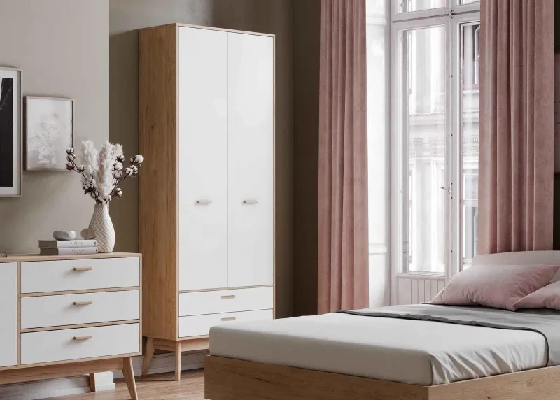 Шкаф двухдверный Калгари, распашной с ящиками, дуб натуральный светлый / белый матовый