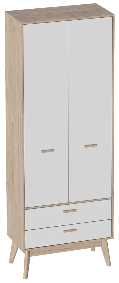 Шкаф двухдверный Калгари, распашной с ящиками, дуб натуральный светлый / белый матовый