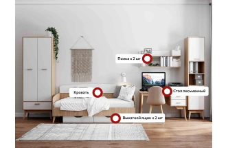 Модульная спальня молодежная Калгари, композиция 2, дуб светлый / белый матовый