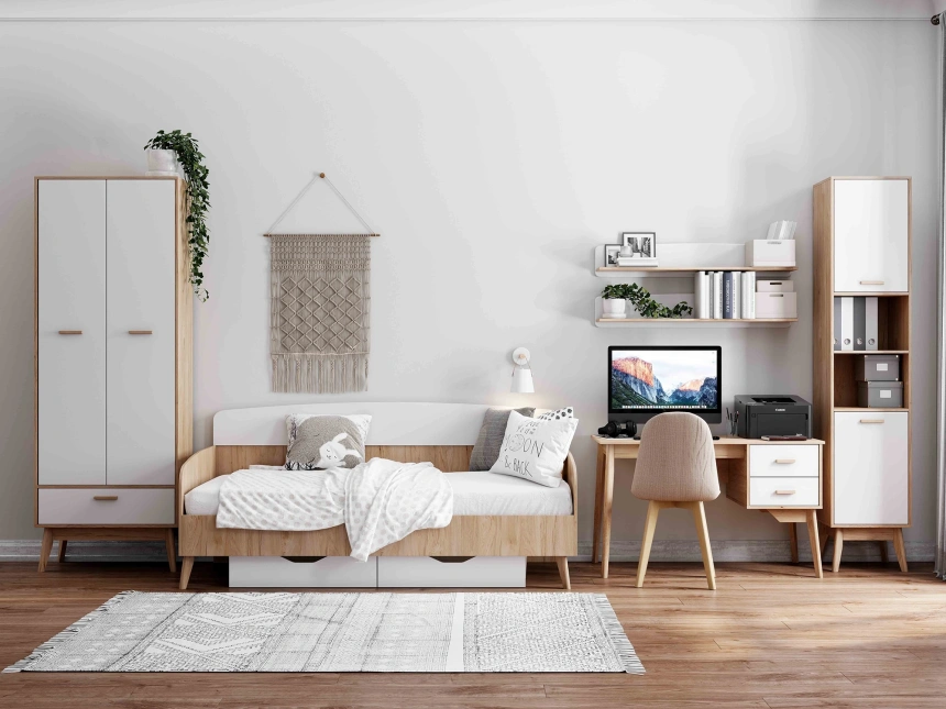 Модульная спальня молодежная Калгари, композиция 2, дуб светлый / белый матовый