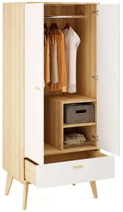 Шкаф двухдверный Калгари, с ящиком, дуб натуральный светлый / белый матовый