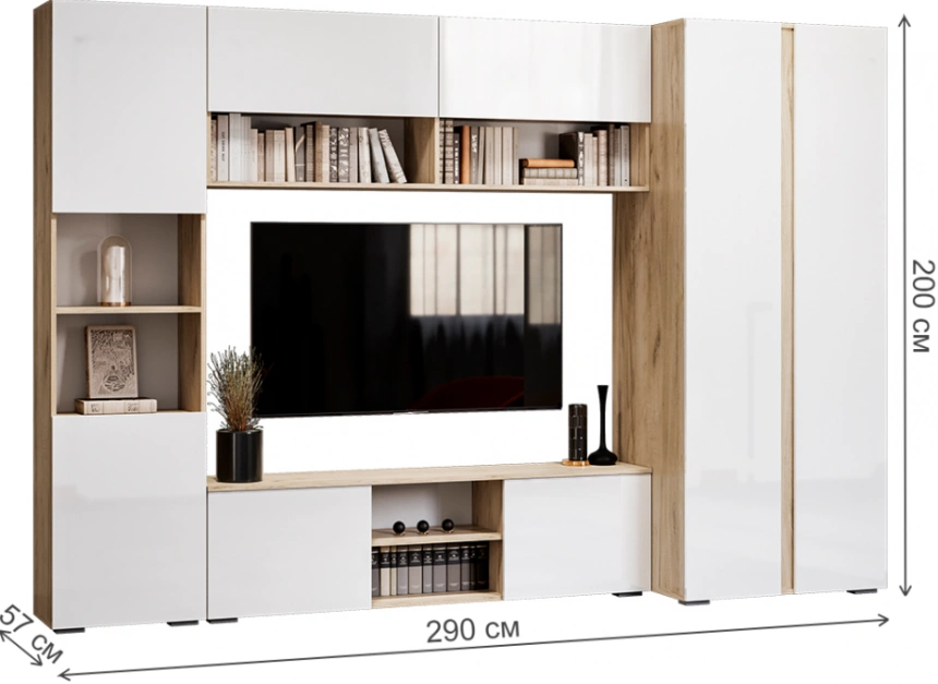 Модульная гостиная Алетра, комплектация 1, дуб крафт серый / глянец белый 