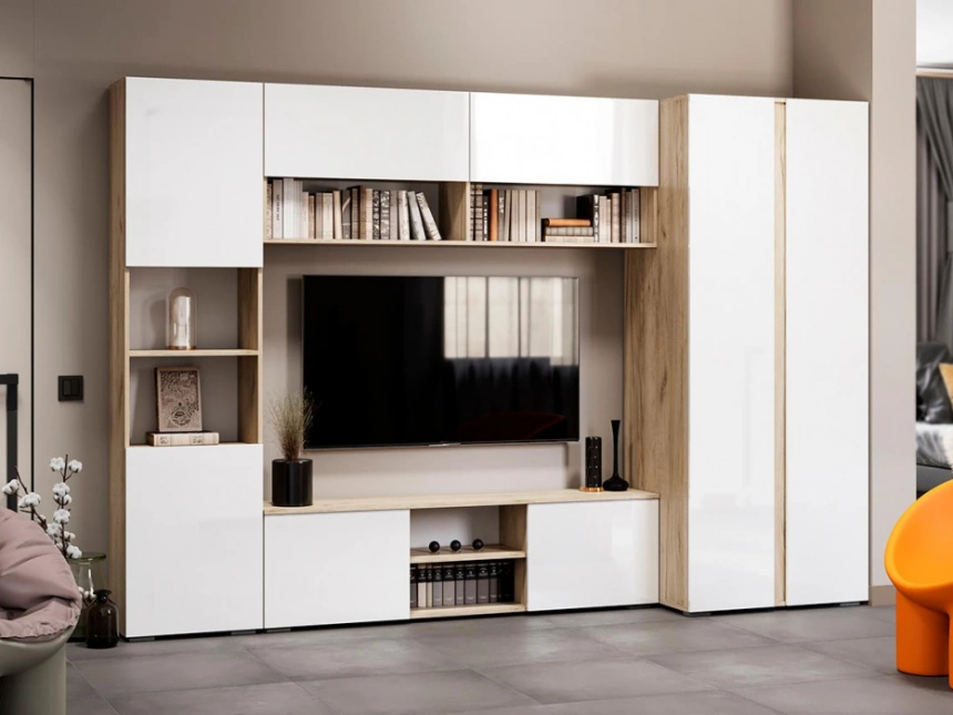 Модульная гостиная Алетра, комплектация 1, дуб крафт серый / глянец белый 